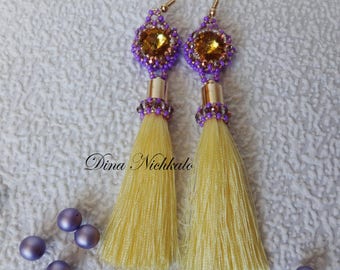 Chandelier earrings Yellow beaded tassel earrings Bright Fringe Statement Earrings Long Tassel Earrings Dangle earrings Bohemian earrings
