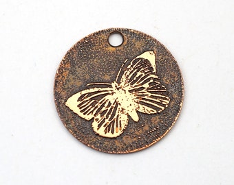 Copper butterfly charm, small flat round handmade etched jewelry supply, 22mm
