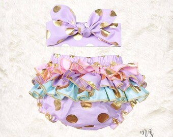Baby Girl Outfit, ruffle diaper cover bloomer bottom, New Baby Gift, Purple and pink , Unicorn birthday outfit, cake smash, gold