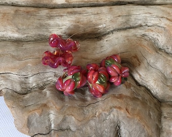 INVENTORY REDUCTION — 3 Handmade Artisan Floral Lampwork Beads with 2 Matching Ruffles