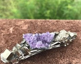 Barrette Amethyst Crystal Cluster with Pyrite and a Pyrite Cube