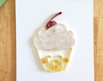 Yellow and White Cupcake Home Decor, Yellow Kitchen Decor, Quilling Paper Cupcake Food Art, Gifts for Bakers, Bakery Decor, Lemon Cupcake