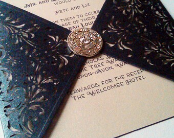 Black Pearlescent Laser Cut Wedding Invitation with Diamante Seal