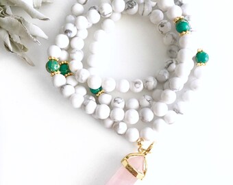 Howlite Mala, Healing Crystal Jewelry, Mala Necklace, Mala, Prayer Beads, Rose Quartz Mala, Mala Beads, 108 Mala Beads, Yoga Necklace, MHGJ