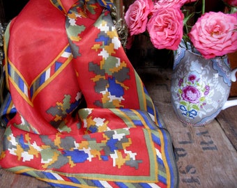 French Scarf, Geometric Scarf, Vintage Scarf, 1960s Scarf, Satin Scarf, French Vintage, 1960s Fashion, 1960s Accessory, Red Scarf