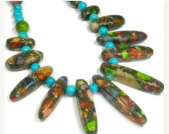 Sale| Rainbow Impression Jasper Collar Necklace - Graduated Focal Fan - Bib - Gemstone Statement Necklace - Real Turquoise - Tribal - Southw