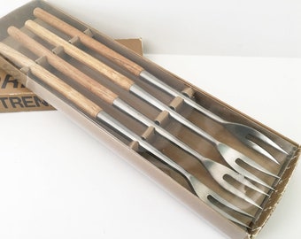 Fondue Forks Cheese forks long forks 1970s forks stainless steel set of 4 Wooden handle