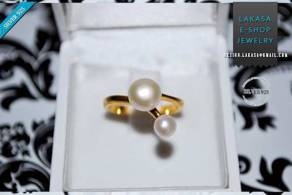 Double Freshwater Pearl Ring Sterling Silver Gold Handmade Jewelry Gift forher Anniversary Princess Valentine Love Bridal Greek Style Modern