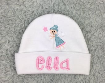 Monogrammed newborn hat with fairy, preemie hat, baby girl hat, preemie girl hat, NICU clothes, baby shower gift, newborn pictures take home