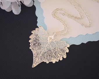 Real Silver Leaf Necklace, Real Cottonwood Silver Leaf, Real Cottonwood Leaf Pendant, Heart Shape Leaf, Sterling Silver, LC200