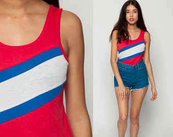 STRIPED Tank Top 80s Shirt Paper Thin Burnout Red White Blue Sleeveless Retro 1980s Hipster Vintage Small