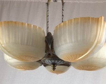 5 Light 1920's Slip Shade Chandelier with original two tone finish