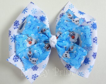 Frozen Snowman Hair Bow - Pinwheel Bow - No Slip Velvet Grip Hair Clip
