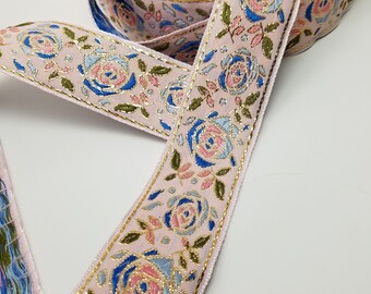 Metallic Pink Roses Jacquard Fabric Trim 1 1/2 inch wide sold by the yard