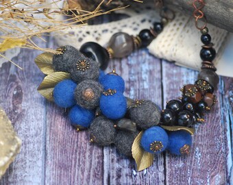Blue grey necklace Wool Necklace Felted necklace Organic jewelry Merino wool necklace needle felted wool sustainable jewelry Felted wool