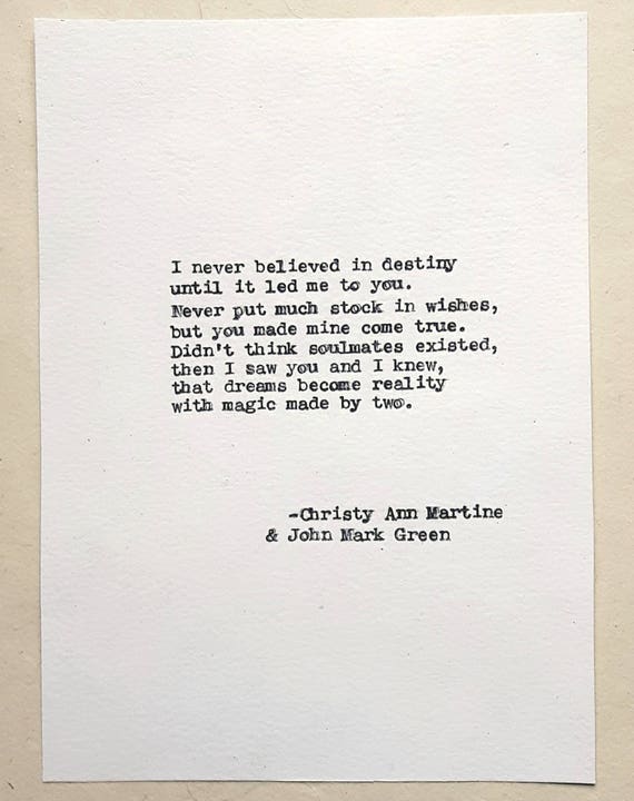 Gift for Him or Her - Destiny Love Poem by John Mark Green and Christy Ann Martine - Hand Typed by Poet with Vintage Typewriter