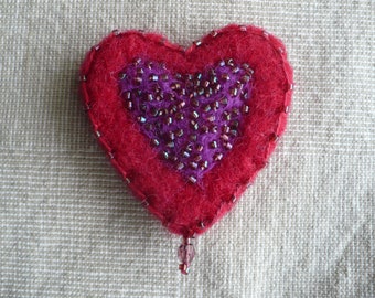 Red Heart Pin Wool & Glass Beads
