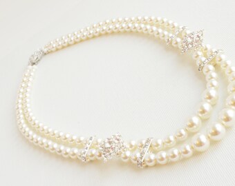 Bridal Pearl Necklace, Statement Pearl Bridal Necklace, Pearl Rhinestone Necklace, Wedding Necklace, Bridal Statement Necklace