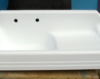 Cast Iron Kitchen sink art deco style professionally refinished bright white right hand drainboard