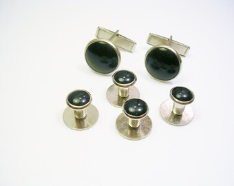 Vintage Cufflinks, Tuxedo Studs Set, black front, silver tone, Formal Wear, Man Wedding Jewelry, Cuff links, Groom Best Man, Shirt Accessory