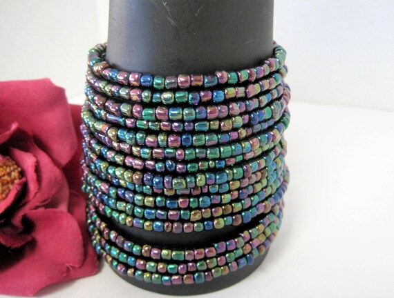Glass Bead Wire Bracelet, Mod Iridescent, Coil Wrap Bracelet, Purple Green Memory Wire, 15 rows of Wired Beads