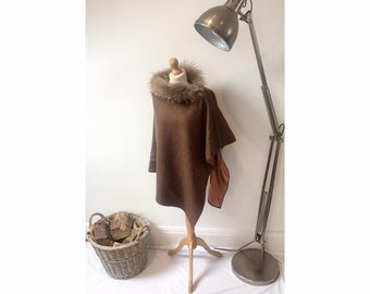 Brown herringbone tweed wrap/cape with fur