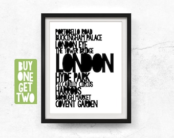 London typography, Printable artwork, London art print, Travel poster, London poster, Black white, Typography wall art, 8x10, 11x14, 16x20