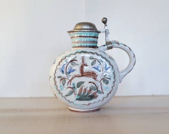 Vintage Ceramic Carafe Creamer Syrup Pourer Hand Painted Deer Flowers Unique Pottery Nature