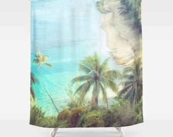 Shower Curtain, Palms, Beach, Blue, White, Waves, 71x74 inches, Exceptional Quality, fPOE