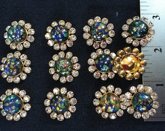 12 Crystal Black Opal Gold Buttons. Made in Czech Republic. RB687, Size 7/8.