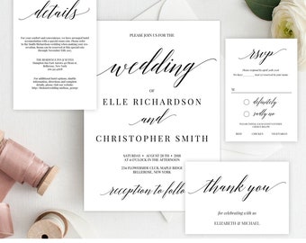 Rustic Wedding Invitation Suite, Printable Wedding Invitation Template, Modern Wedding Invitation, DIY Wedding Instant Download Editable WI3