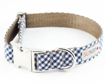 Navy Blue Gingham Dog Collar