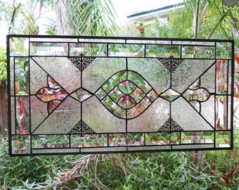 Stained Glass Window Panel, Stained Glass Transom Window, Beveled Glass Window Valance, Antique Look Window Treatment, Vintage Glass Panel