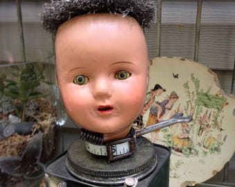 Steampunk Boy Assemblage, Found Objects and Junk Parts, Vintage Boy Doll Head , Tin Can Body, Springs, Keys, and MORE!