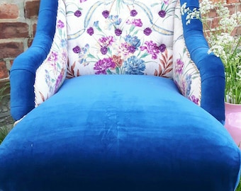 Beautiful, velvet, vintage floral & ticking re-upholstered Victorian small armchair