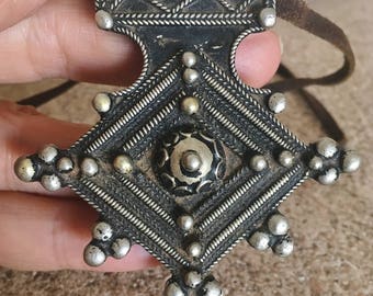 Large Berber Filigree Cross with Leather Band Necklace, Moroccan Sahara