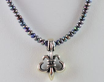 Blue Pearl Necklace with Fleur de Lis Pendant