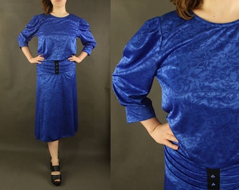 Twilight blue dress, navy blue, dress with collar, sapphire dress L XL vintage wool