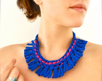 tribal statement necklace - blue magenta fringe upcycled fabric jewelry