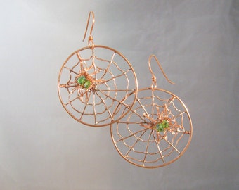 Large Copper spider web earrings with green crystal spiders (MX-13006-008)