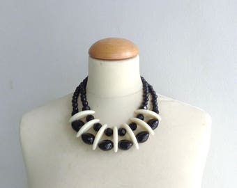 Cream black bib necklace, colourful chunky necklace, modern tribal necklace, statement black ivory necklace