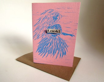 Island Beauty / Topless South Pacific Hula Dancer Tropic Paradise Original Linoleum Block Print Greeting Card / Blank Inside