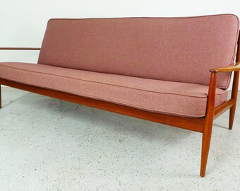mid century Danish modern Grete Jalk France & Sons teak framed maroon tweed reupholstered sofa FREE SHIPPING