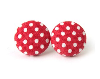 Polka dot stud earrings - red button earrings - fabric button earrings - pin up rockabilly retro vintage white