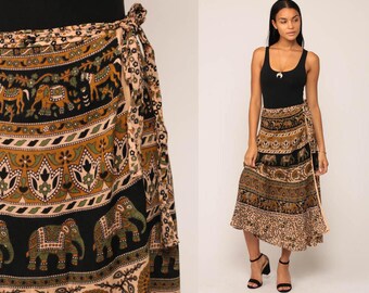 Indian WRAP Skirt Cotton Batik ELEPHANT Print 90s Midi Grunge Boho 1990s Vintage Hippie Festival High Waisted Bohemian Small Medium Large