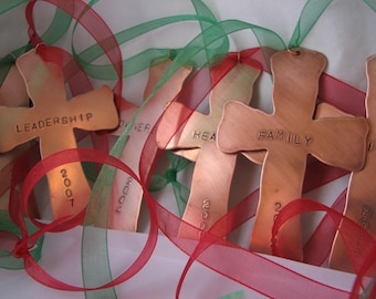 Handstamped Copper Cross Christmas Ornament