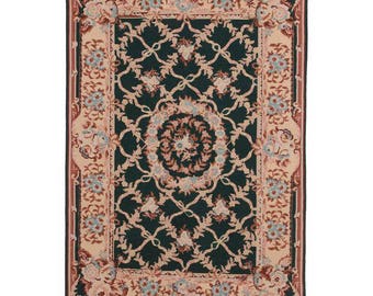 Vintage Hand Woven Wool Chinese Needlepoint Rug - 4′ × 6′ Blue, Rust # 4949
