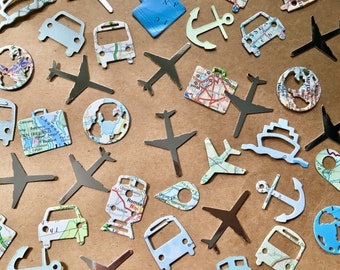 150 travel Confetti Pieces, road maps, atlas shapes, silver aeroplanes. Weddings, leaving party, travel