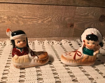 Vintage 1950's Pair Salt & Pepper Shakers Indian Children in Moccasins Shoes
