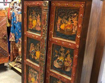 Antique ARMOIRE Cabinet Chest Krishna Hand Painted Ancient Spirituality Love Interior Design